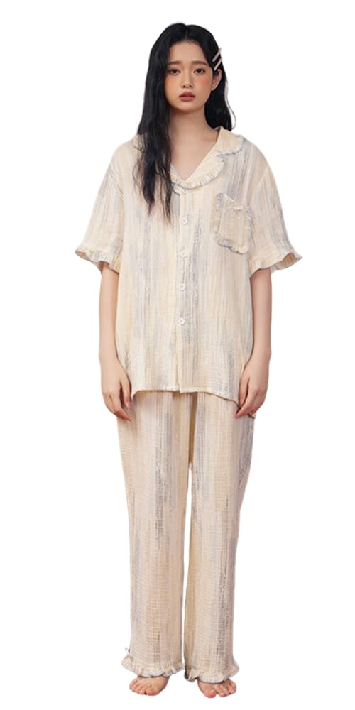 RAVIR Cotton Double Gauze Short Sleeves and Pants Breathable and with Feminine Ivory and Size Small Women's 100% Pajamas, Set, Moisture-Wicking,