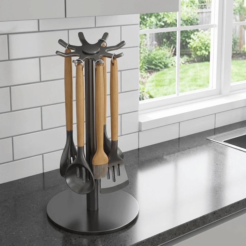 Large Capacity Rotating Utensil Storage Rack Space Saving Spoon Hanging Rack for Kitchen