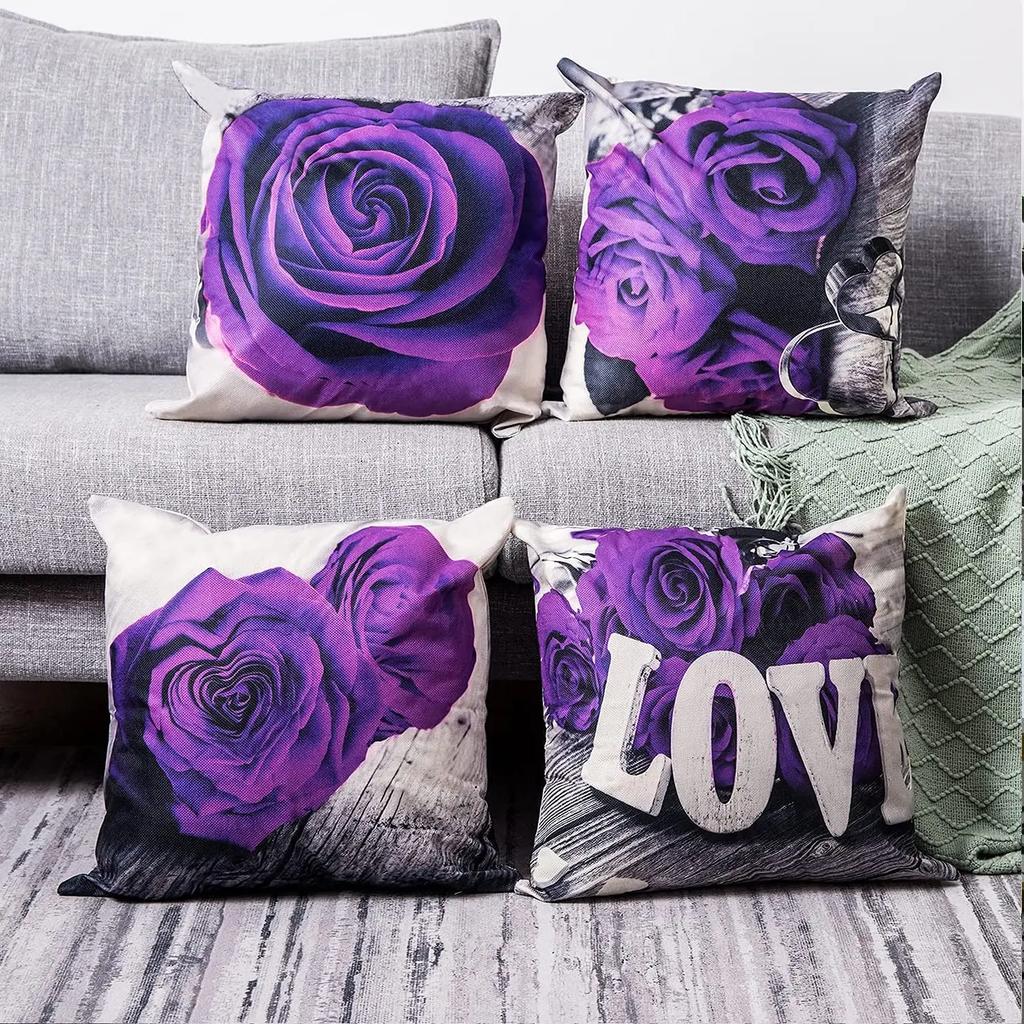 Purple Rose Linen Pillowcase 40*40 Living Room Sofa Cushion Cover 60*60 Home Decoration Pillowcase Valentine's Day Gift