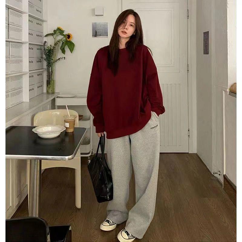 2025 Japanese-Style Solid Color Round Neck Hoodie, Trendy Casual Loose Fit, Sports Base Layer Top for Women and Couples
