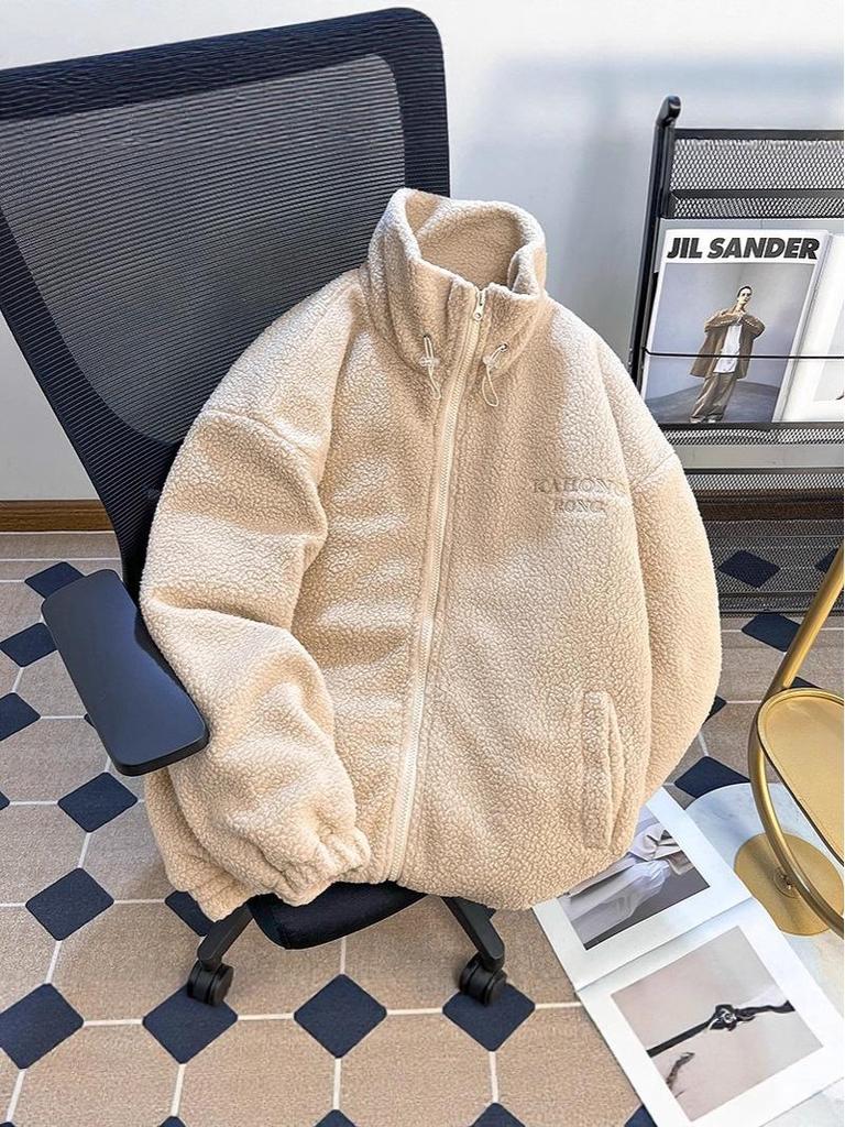 Herren Trendy Fleece Stehkragen Jacke - Winter Lammwolle, Dick, Warm, Lässiger Baumwollmantel