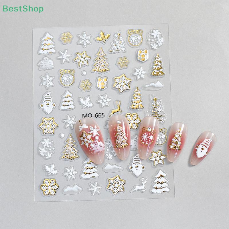 Christmas Tree Bronzing Nail Stickers,3D Relief White Snowflake Round Wreath DIY Wearable Nail Decorations