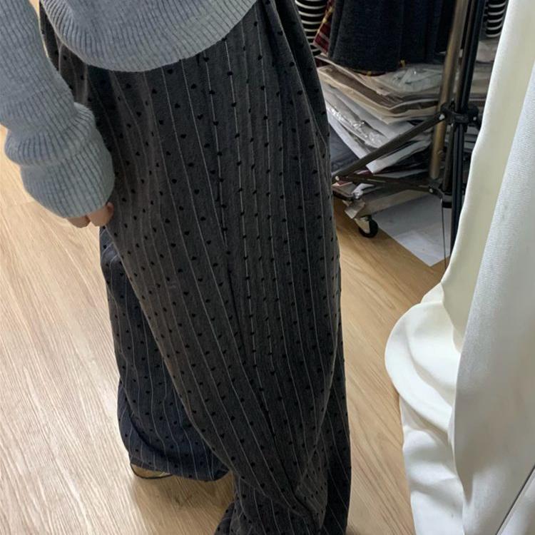 Women's 2025 Dark Grey Heart Polka Dot Wide-Leg High-Waist Pants - Slimming, Drapey, Casual Fit