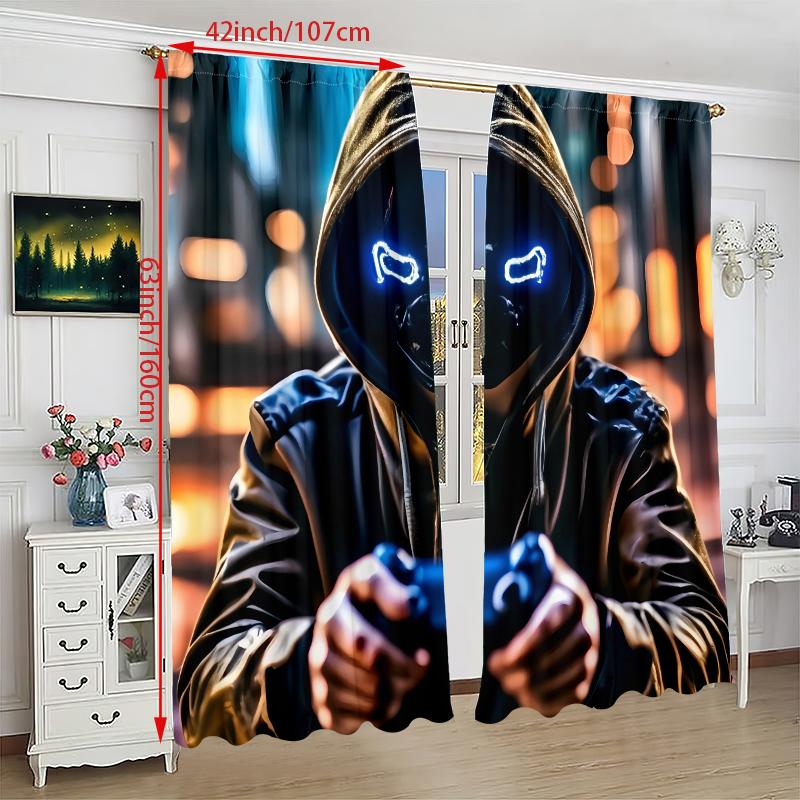 2pcs- Luminous Game Player Printed Curtains, Pole Bag Curtains 42*84, Bedroom and Living Room, Home Decoration, Room Decoration