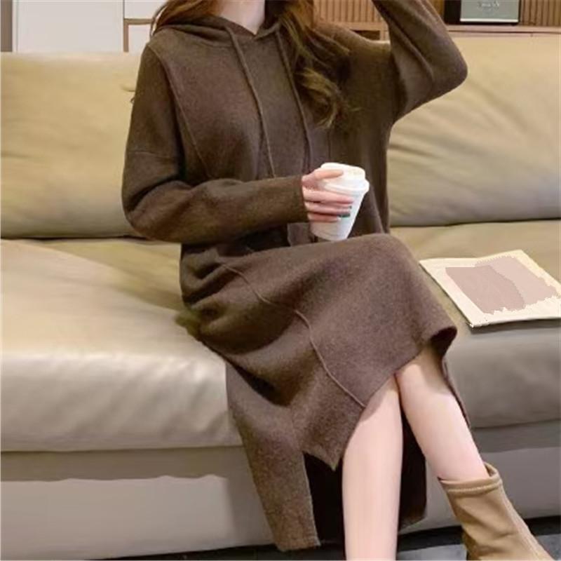 Autumn and Winter New Hooded Casual Sweatshirt Knitted Dress Loose Design Lazy Medium and Long Sweater