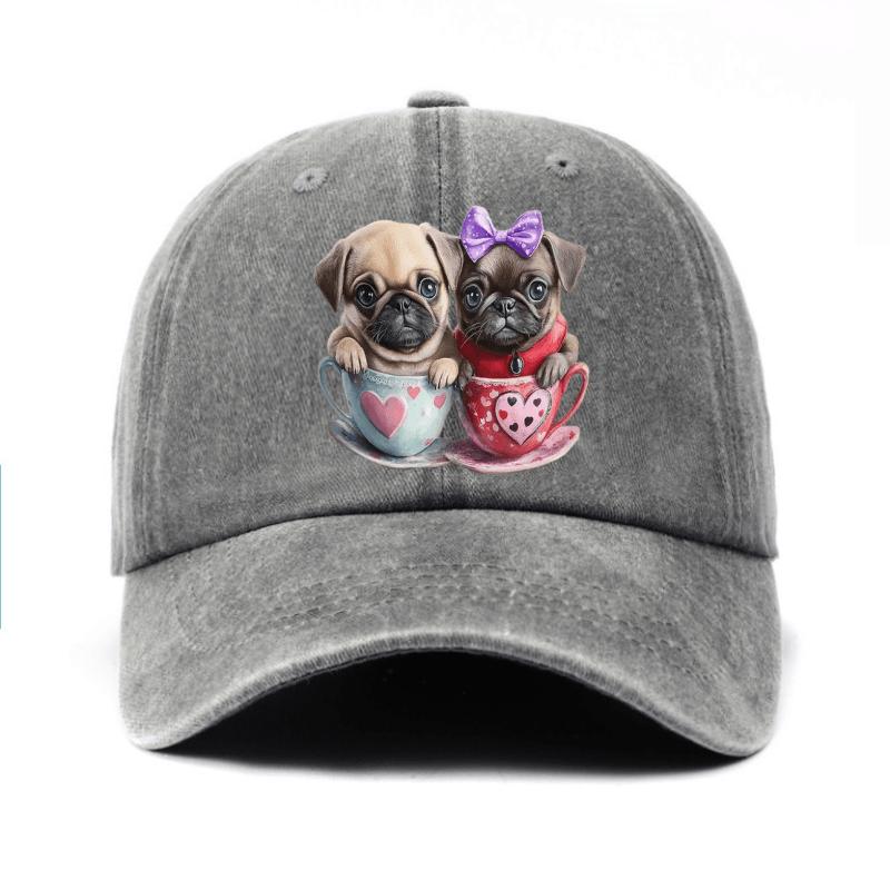Cute Pug Puppies in Teacups Print Adjustable Baseball Cap Denim Casual Hat for Unisex