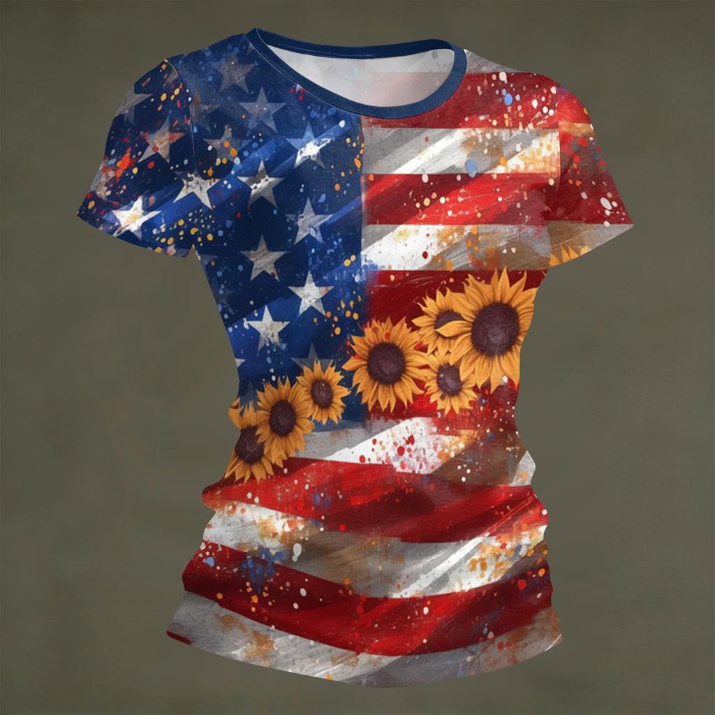 Women's Fashion Round Neck Independence Day Print Short Sleeve Loose Crewneck T-Shirt Top