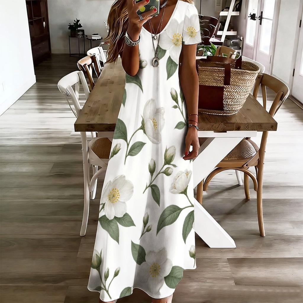 Women Plus Size V Neck Short Sleeve Floral Printed White Maxi Dress