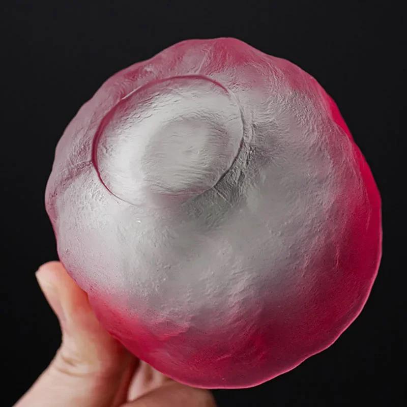 Japanese Style Pink Sakura Crystal Glass Teacup – Colored Glaze Sake Cup with Enamel Flower Design and Coaster