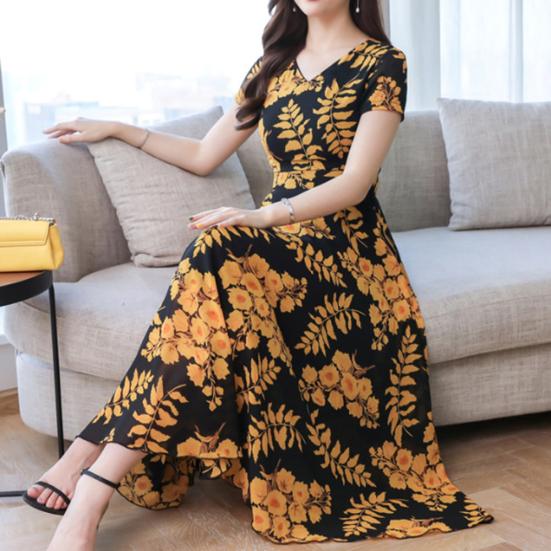 Lady Fashion Floral Print Tight Waist Large Swing V-Neck Short Sleeve Maxi Dress
