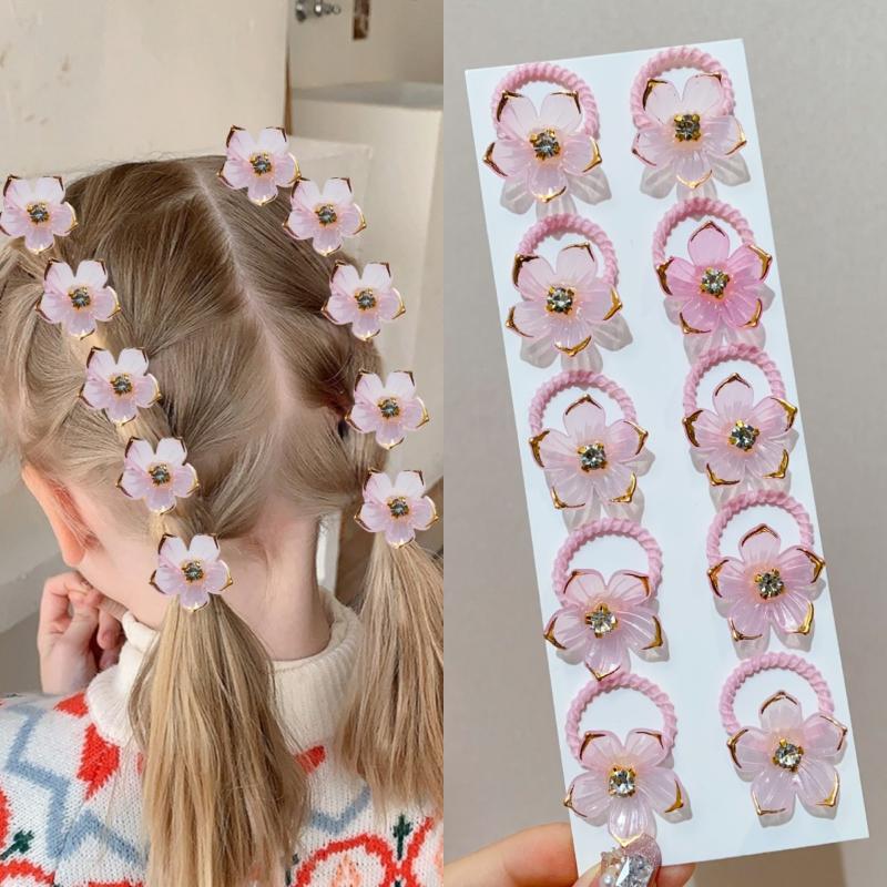 10Pcs Girls Elastic Hair Bands With Rhinestone And Flower Decorations High Elasticity Durable Hair Ties For Outdoors Party