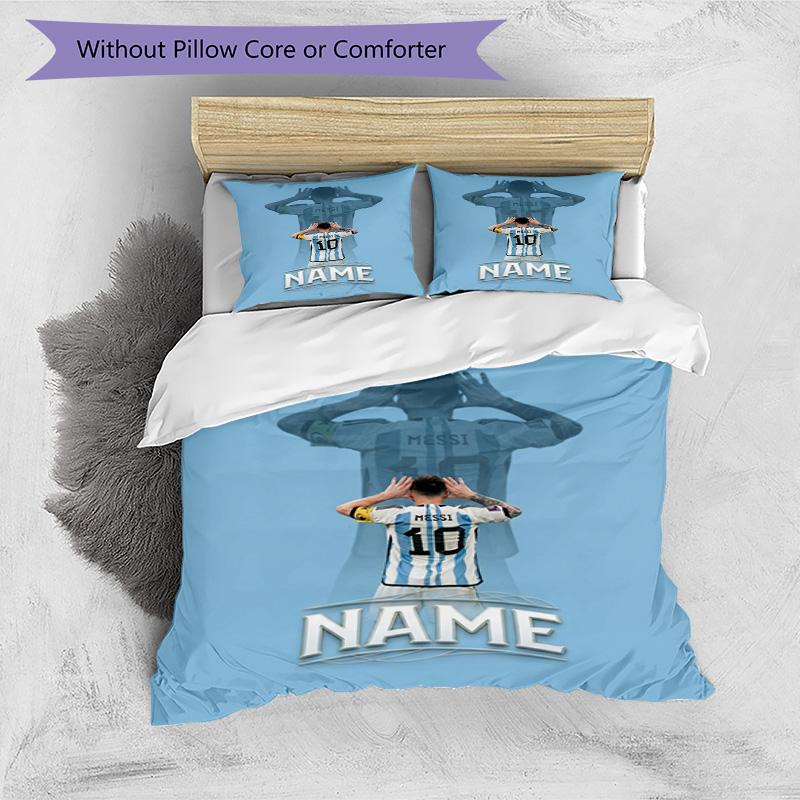 Messi Soccer Jersey Name Personalized Name Bedding Set,Airy Bed Linen for Sports Room Decor,Perfect Teenager Gift,Double Sided Duvet Cover with Pillow