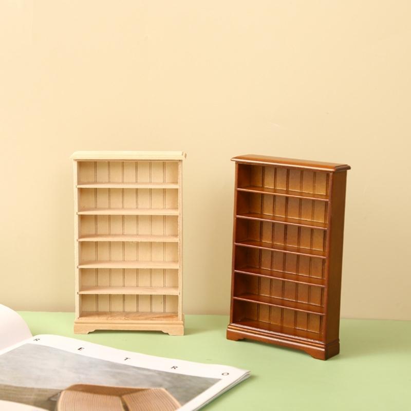 Miniature Library Wooden Bookshelf Model Realistic Dollhouses Bookcase Cabinet Furniture Ornament Decors for 1:12 Scale
