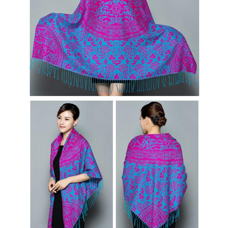 Ethnic Style Blue White Porcelain Faux Cashmere Scarf For Women Winter Autumn Travel Gift