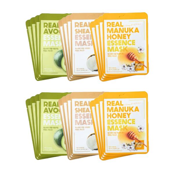 FARM STAY Real Essence Mask Combo Pack Ver.1 (1BOX / 12 Sheets) 23ml / 0.78 Fl.oz. Per Sheet  (3 Options)