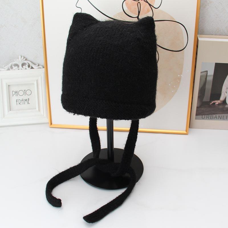 Cute cat ears lace-up knitted wool hat women's autumn and winter outdoor warmth versatile and thin bag head ear protection hat