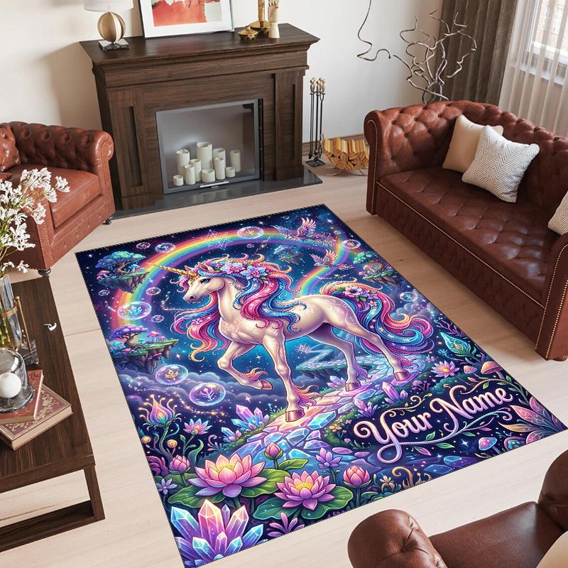 Alfombra de Suelo de Terciopelo de Cristal con Temática de Unicornio, Alfombra Cálida Personalizada con Nombre y Texto, Decoración del Hogar