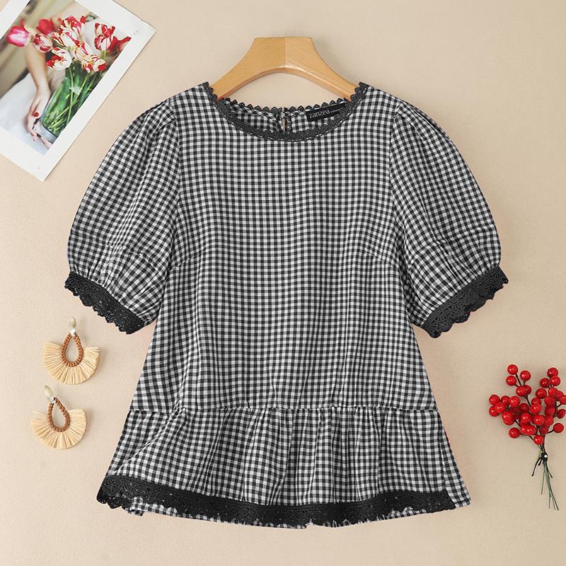 

ZANZEA Женская летняя повседневная блузка с круглым вырезом и коротким рукавом, с принтом в клетку S чёрный
