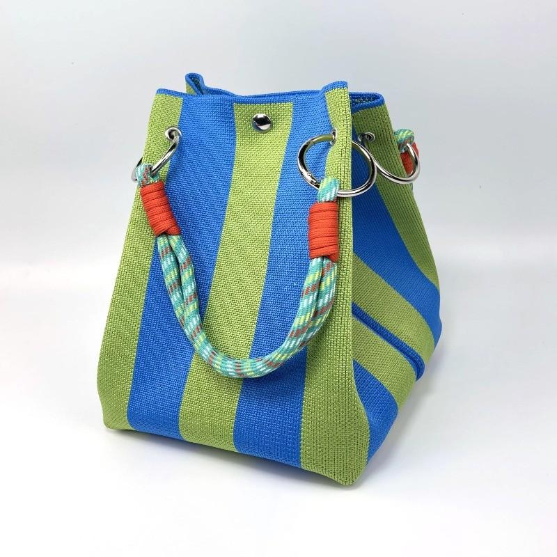 Women's Korean Style Striped Woven Bucket Bag Fashion Fortune Handbag Knitted Tote Shoulder Bag for Vacation Beach Outings