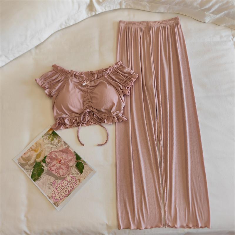 Women's Summer Puff Sleeve Modal Pajamas Set with Integrated Breast Pads - Sexy Pure Desire Homewear