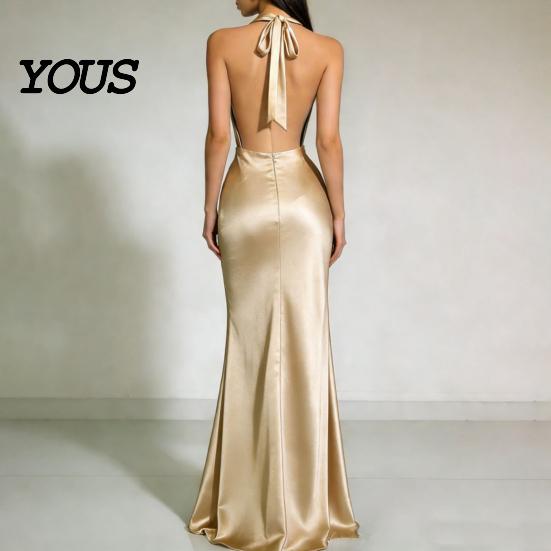 Party Dress Casual Women Sexy Backless Maxi Dress, Deep V Neck Sleeveless Versatile Halter Satin Long Formal Evening Mermaid Gown