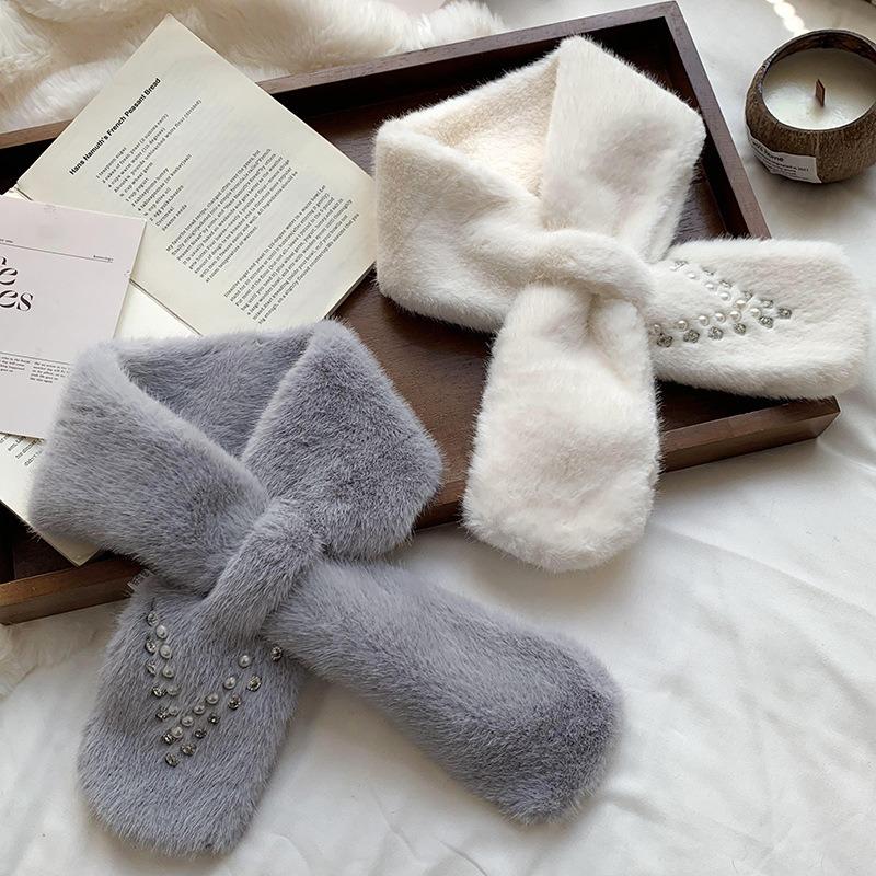 Autumn and winter scarf women's autumn and winter plush pearl diamond versatile imitation Rex rabbit hair sweet and cute scarf