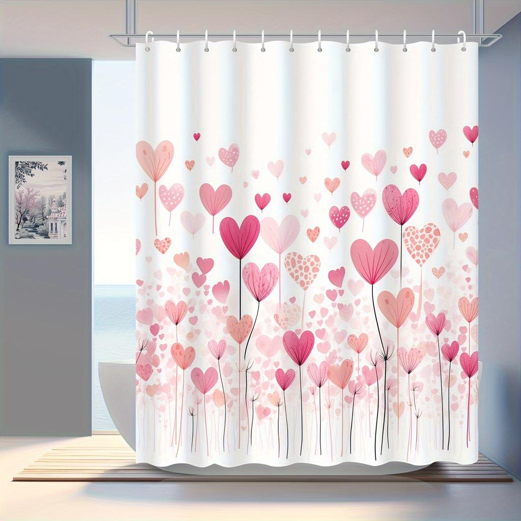 Romantic Heart Floral Art Shower Curtain, 12 Hooks, Water-Resistant Polyester Bathroom Partition for Valentine's Day Decor