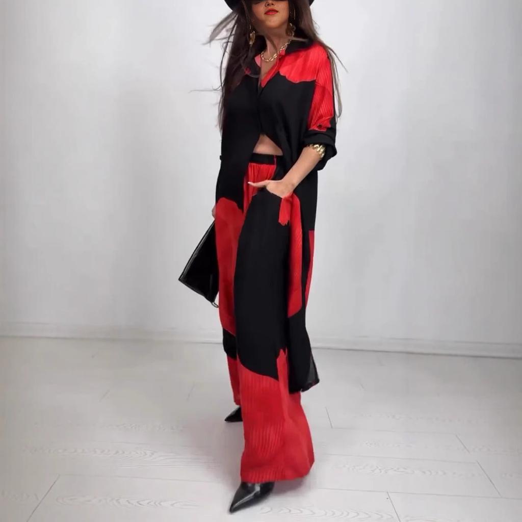 Conjunto Casual de Dos Piezas para Mujer de Camisa Larga Holgada y Pantalones de Pierna Ancha en Beige con Estampado Gris