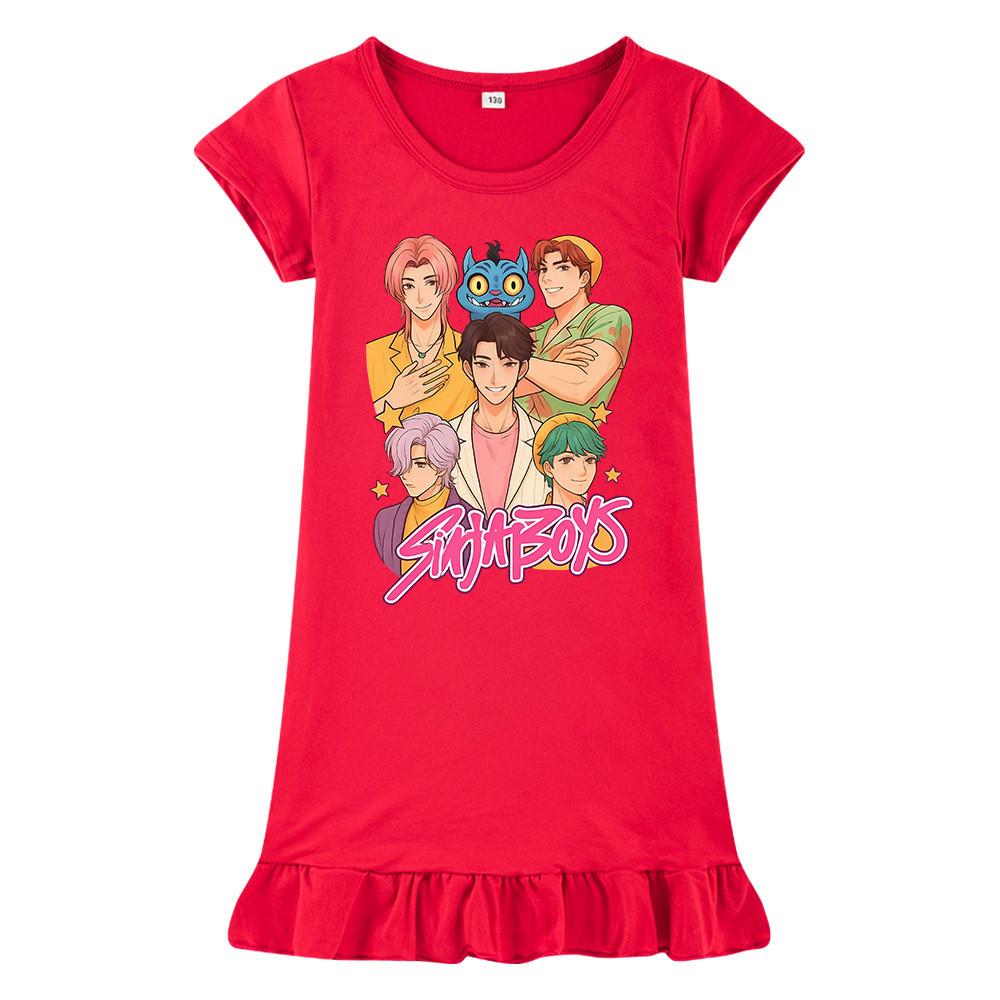 M1219 Kids Girls Sajaboys Kpop Rumi Zoey Mira Print Short Sleeves Ruffle Dress
