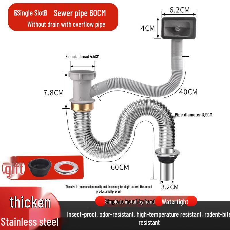 Stainless Steel Kitchen Sink Drain Pipe Set with Anti-Odor Features for Single or Double Sinks and Dishwasher Integration