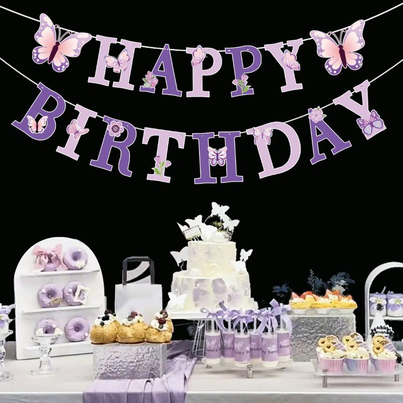 Happy Birthday Banner Mit Schmetterling Tanzende Blumen Hängender Anhänger Girlanden Mädchen 1. Happy Birthday Party Dekorationen