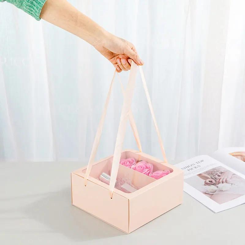

Square Gift Box with Handle Transparent PVC Window Rose Candy Dessert Valentine s Day Memorial Day Gift Packaging Box Pink/Black 20x20x9cm