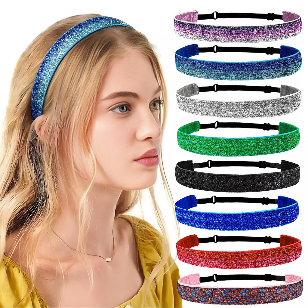 Adjustable Glitter Sequin Headbands for Women, Non Slip Velvet Lined Sports Yoga Hair Bands, Sparkly Elastic Head Wraps for Party Festival Gym Running