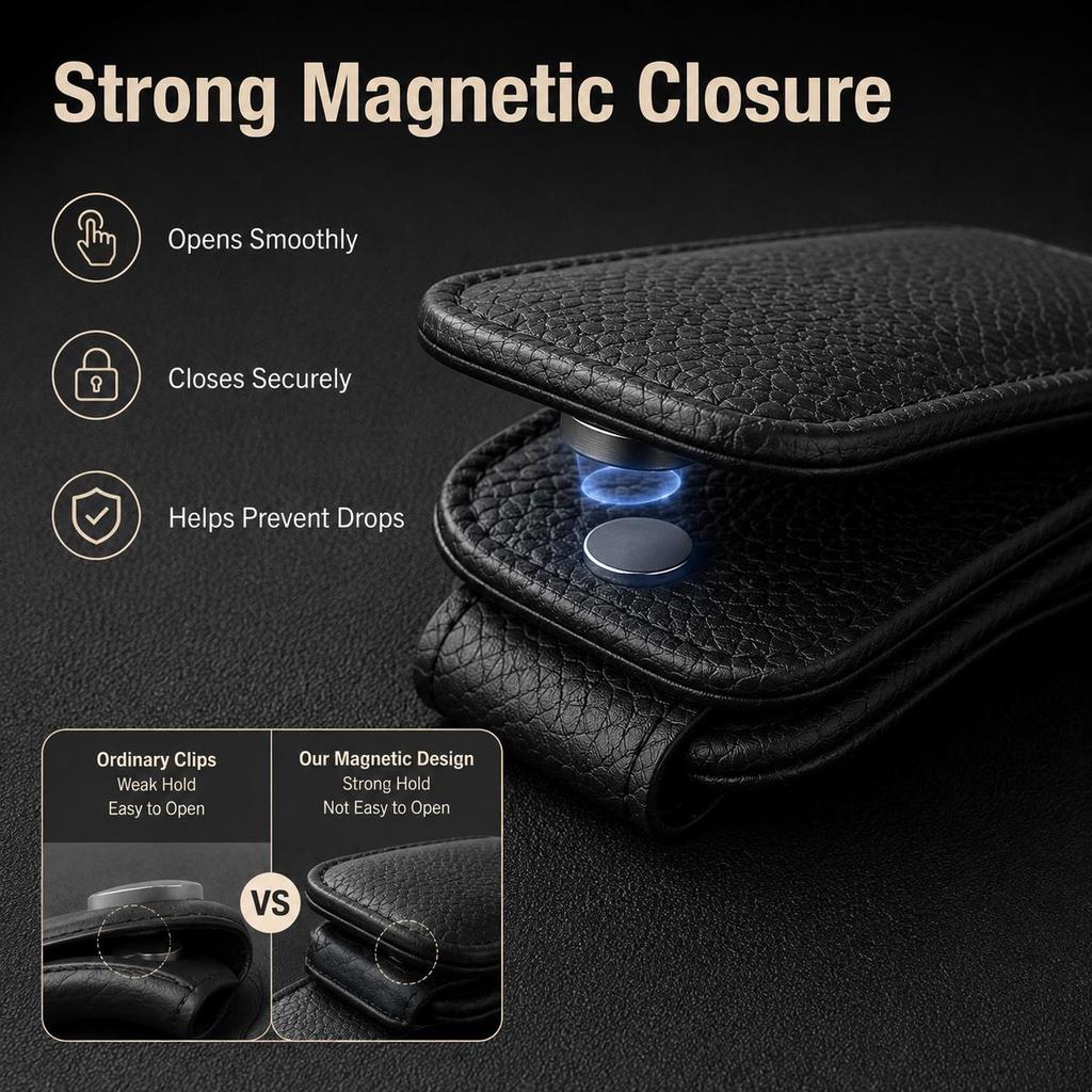 Premium PU Leather Car Sunglasses Clip, Magnetic Visor Glasses Holder with Card Storage, Universal Auto Sun Visor Organizer for Sunglasses & Cards