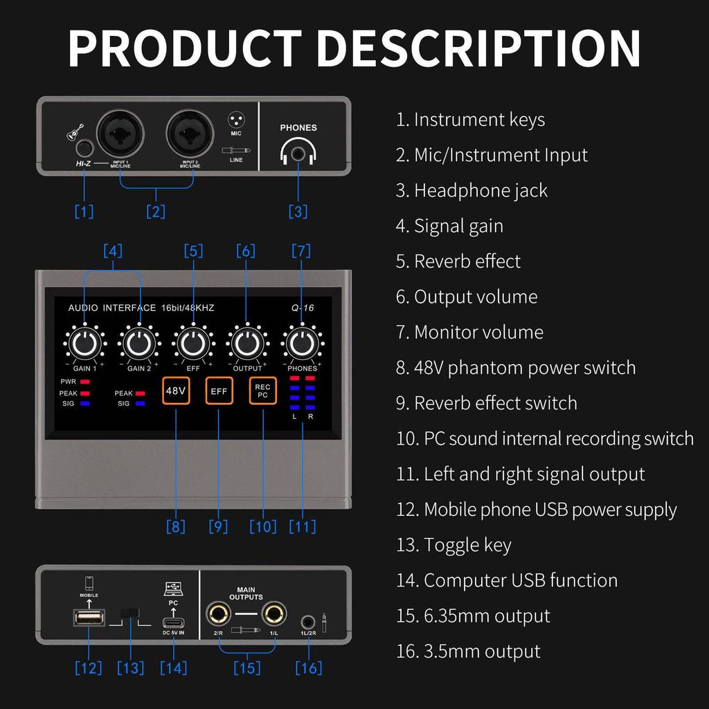 XTUGA Professional Q16 Sound Card: High-Quality Audio Interface for Recording Studio & Live Streaming.