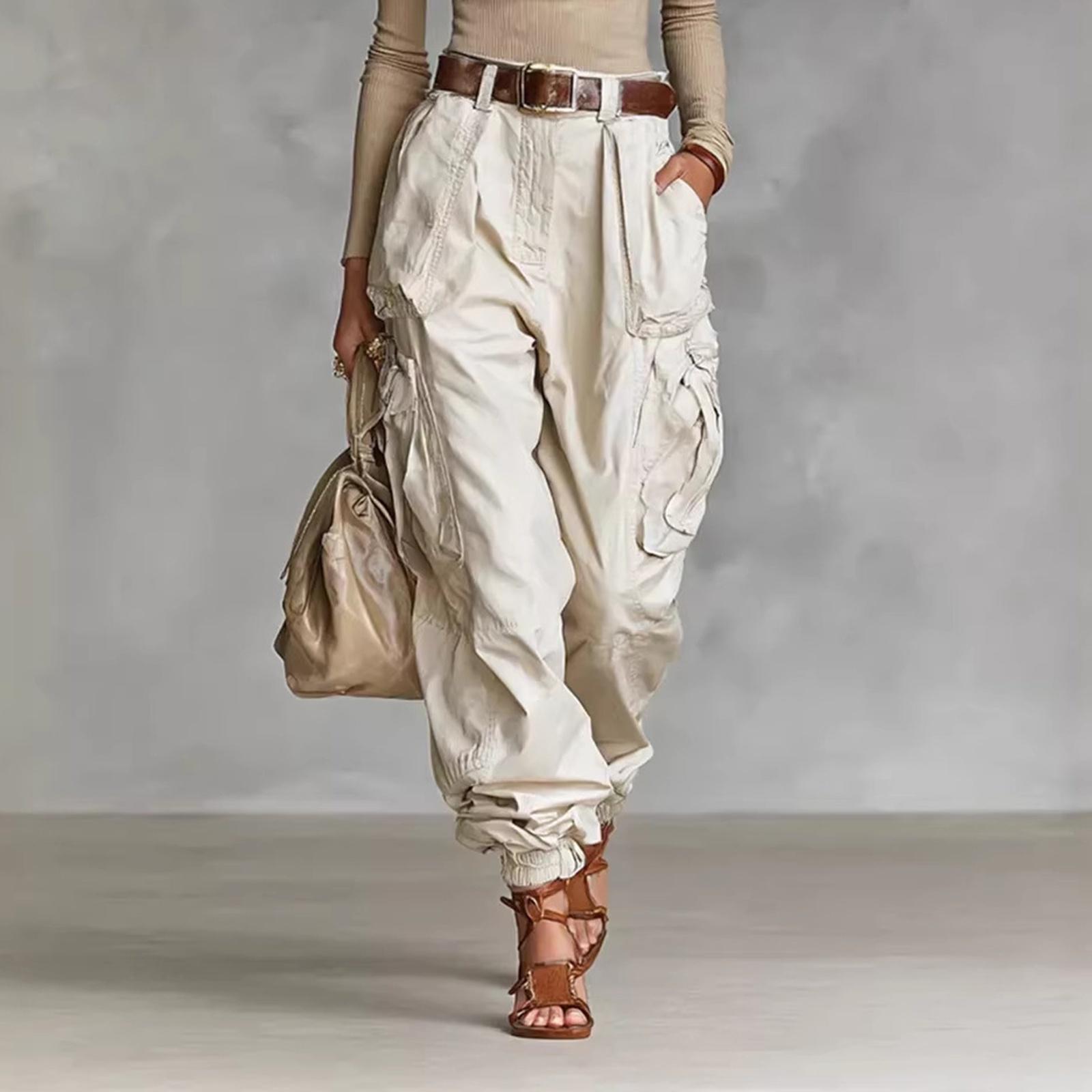 High Waist Cargo-Hose für Damen Lockerer Schnitt Lässige Hose mit Taschen Kordelzug am Saum Entspannter Stil S beige