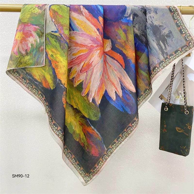Double-Sided Faux Silk And Wool Printed Scarf For Women Spring And Autumn 90Cm Square Scarf Foulard Bandana Femmel Headscarf