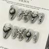10Pcs Silver Metal Butterfly Short Almond Press On Nails Handmade Y2K Full Coverage Fake Nails For Women And Girls