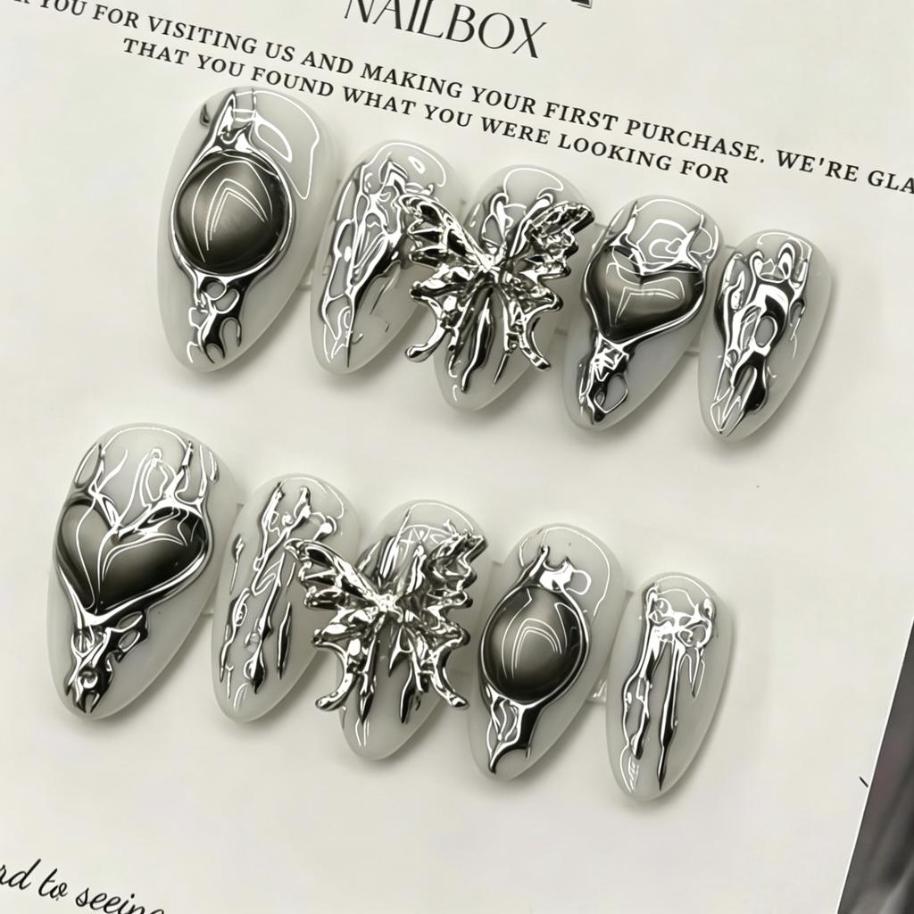 10Pcs Silver Metal Butterfly Short Almond Press On Nails Handmade Y2K Full Coverage Fake Nails For Women And Girls