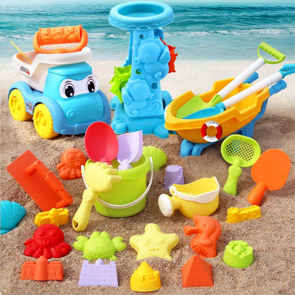 Kids' Beach Toy Set: Car, Bucket, Shovel, Hourglass, and Sand Tools for Water and Sand Play.