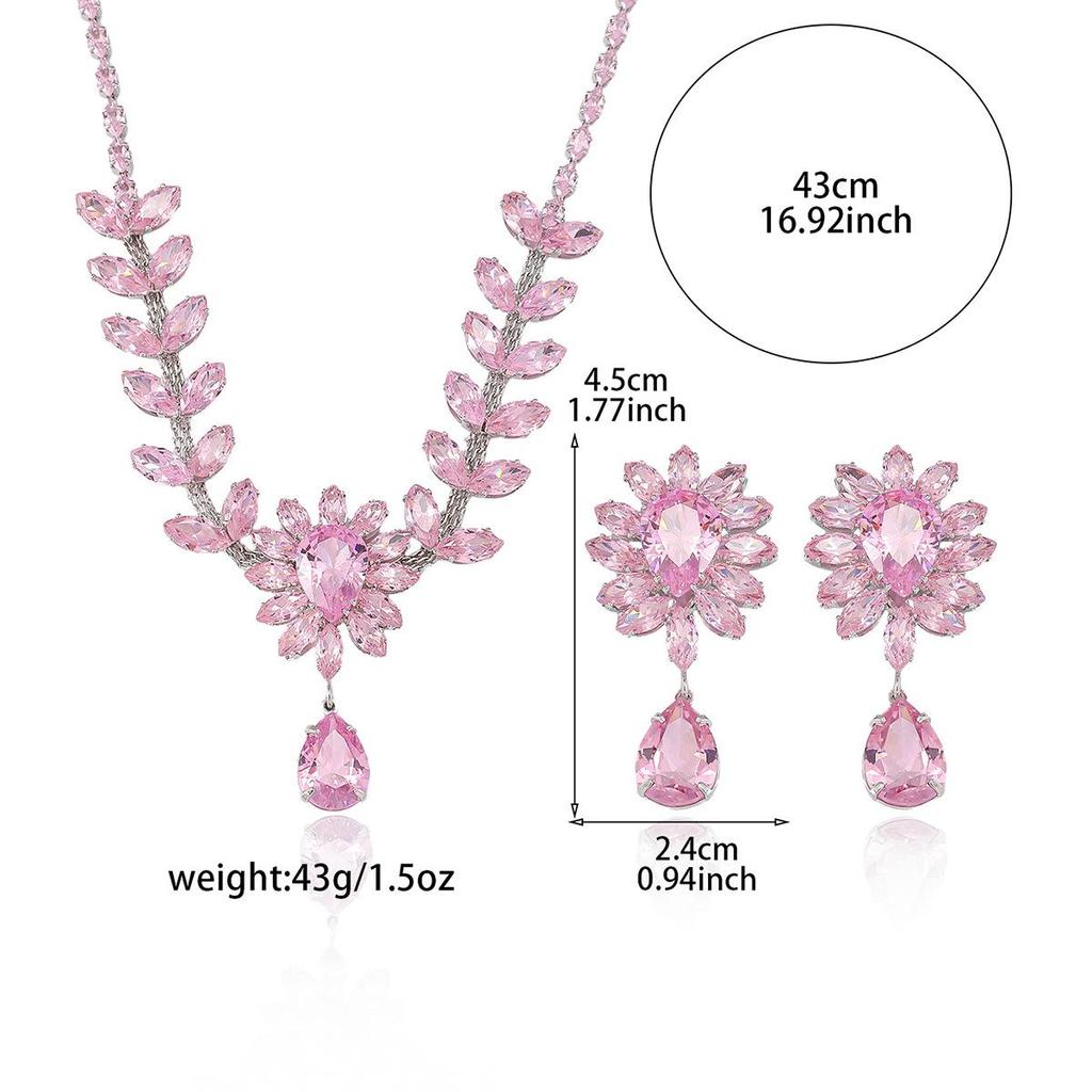 European & American Style Zircon Flower Necklace and Earrings Set - Light Pink Trendy Clavicle Chain