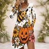 Women Criss Cross V Neck Long Sleeve Halloween Printed Curved Hem Dress