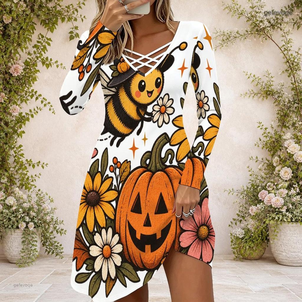Women Criss Cross V Neck Long Sleeve Halloween Printed Curved Hem Dress