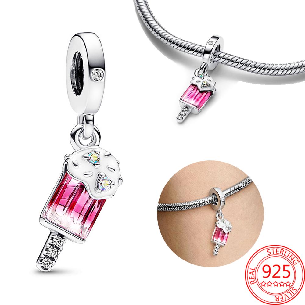 925 Silver Full Diamond Watermelon Pineapple Lemon Ice Cream Milk Tea Cup Dangle Charm Bracelet DIY Jewelry