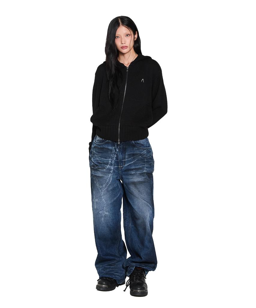 Aakam Structure Contrast Knitted Zip-Up Hoodie (Black)