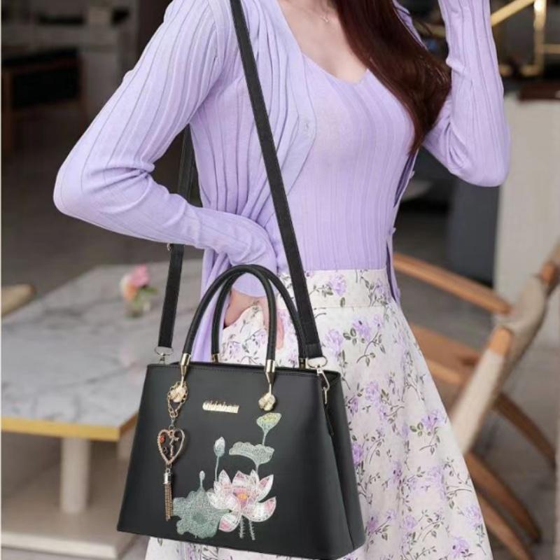 Women Embroidery Lotus Pattern Shoulder Bag Large Capacity Tote Handbag