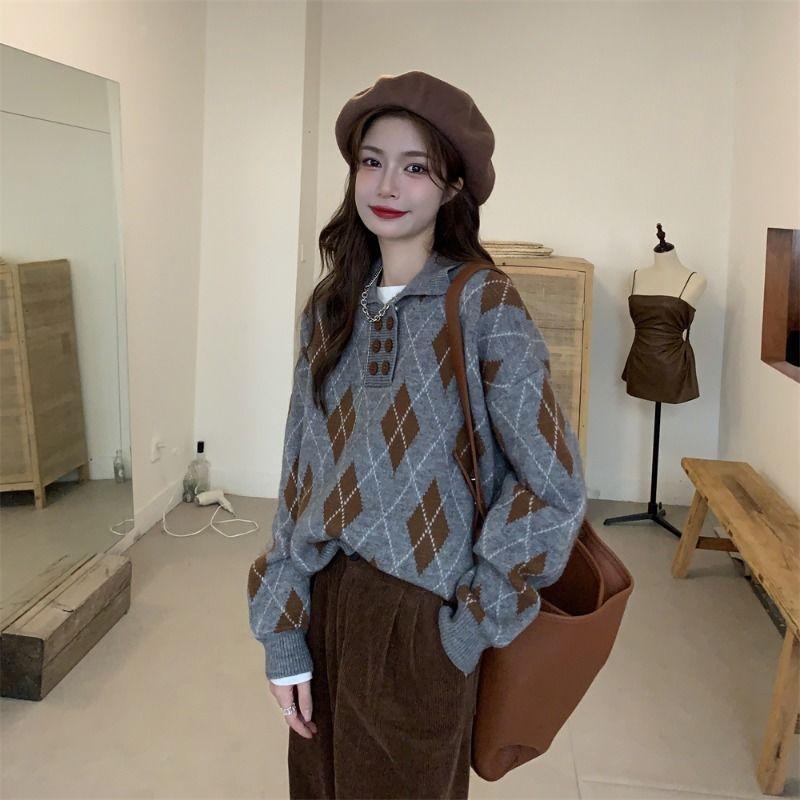 Polo Collar Diamond Plaid Pullover Sweater Loose Autumn and Winter 2022 New Popular Vintage Versatile Knit Sweater Female Top