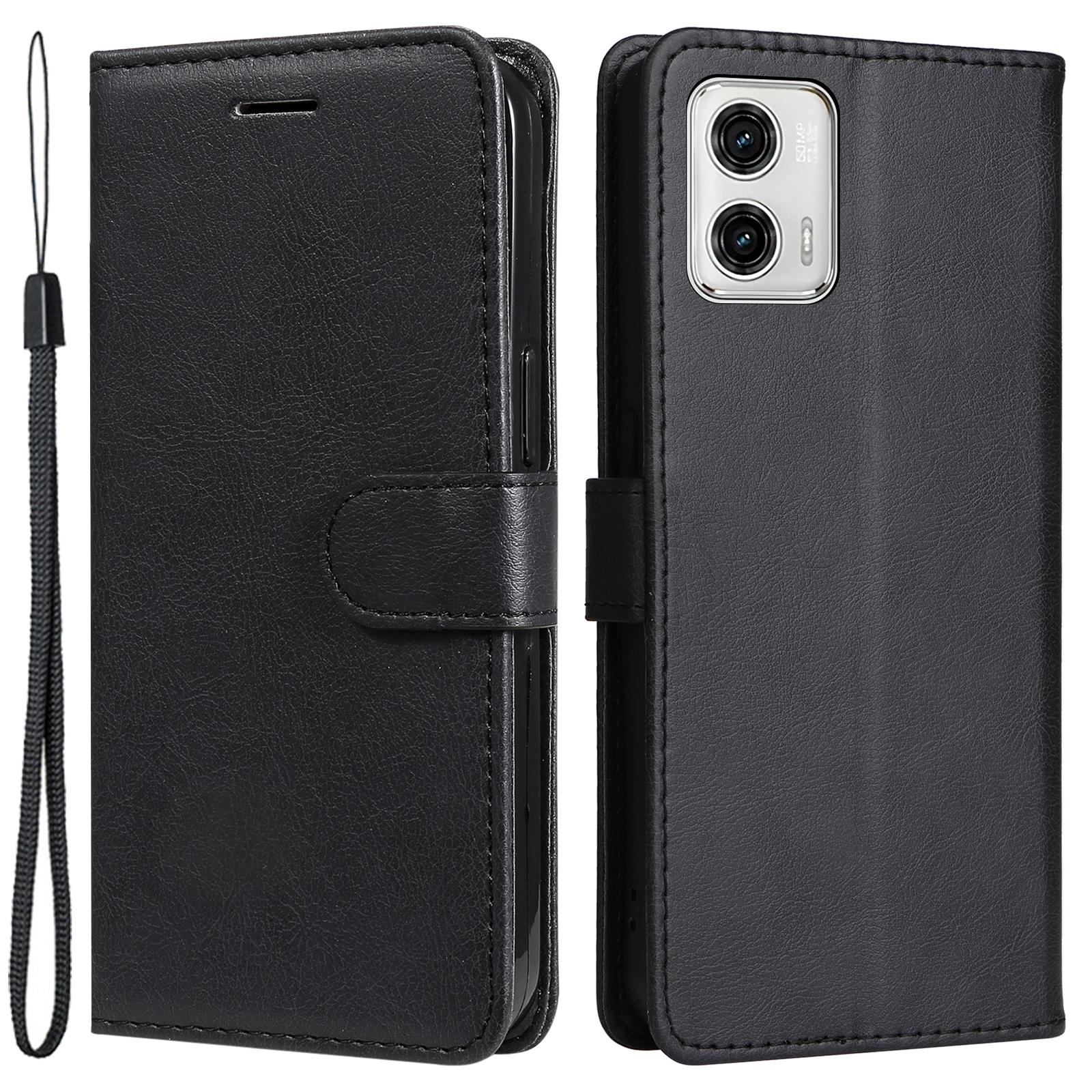 

For Motorola Moto G73 5G PU Leather Wallet Case Solid Color Stand Phone Cover with Strap Black