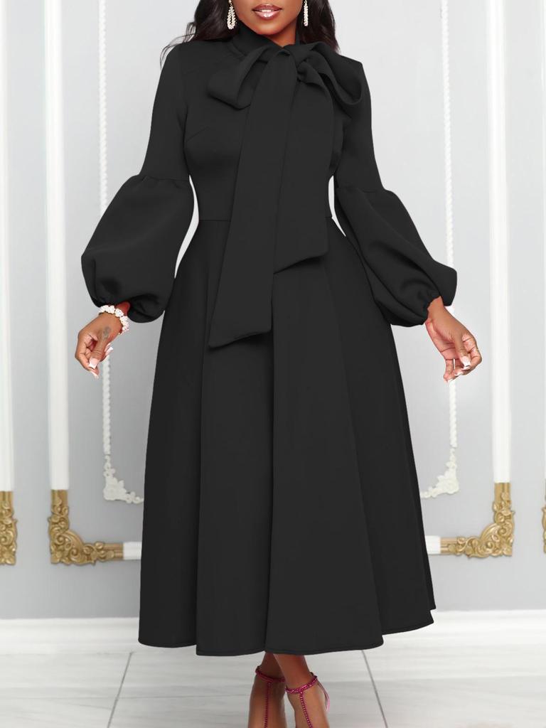 European & American Style High Waist Formal Dress with Puff Sleeves and Bow Tie