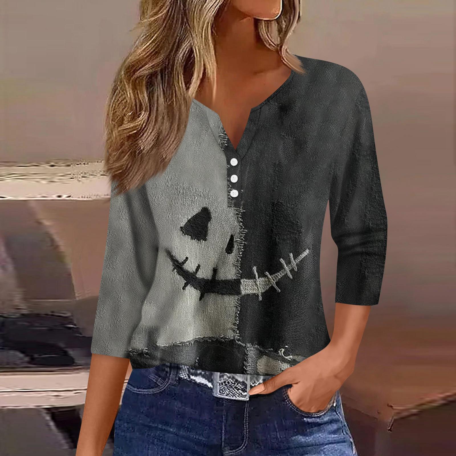 

Женская модная рубашка на пуговицах с V-образным вырезом и рукавом три четверти с принтом на Хэллоуин XXXL